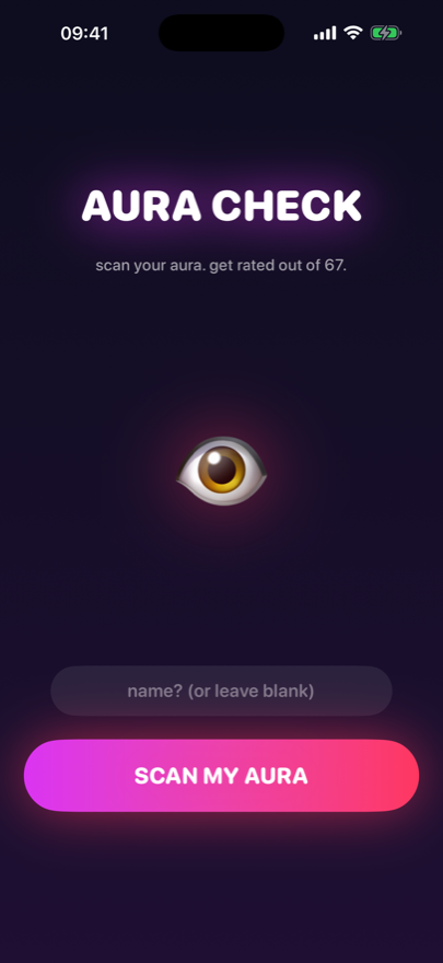 Aura Check home screen with a glowing SCAN MY AURA button