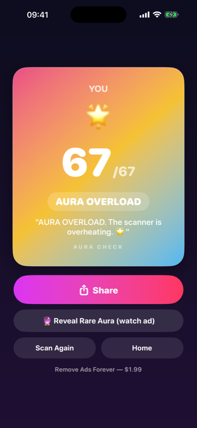 A rainbow result card reading 67 out of 67, AURA OVERLOAD