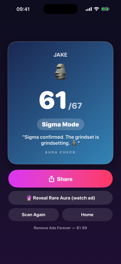 A result card reading 61 out of 67, Sigma Mode